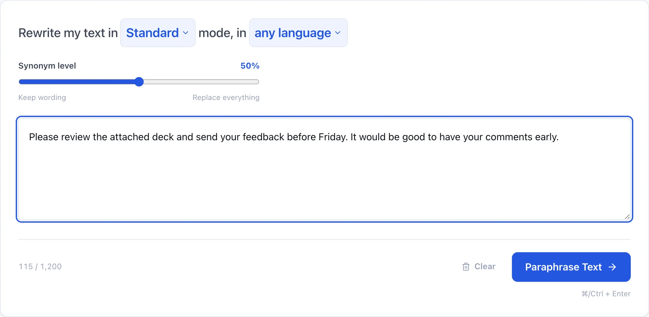 The paraphrasing tool showing the mode picker set to Standard and the synonym level slider at 50 percent