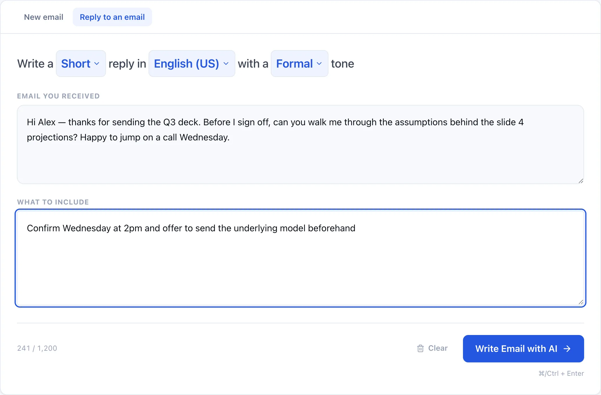 Reply mode showing a received email pasted into the top field and a short instruction in the second field
